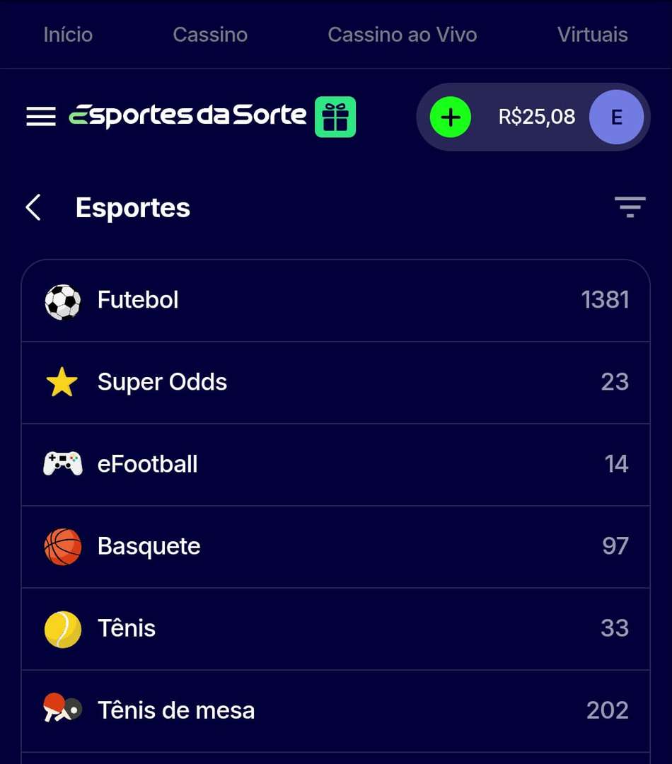 Captura de tela das modalidades da Esportes da Sorte