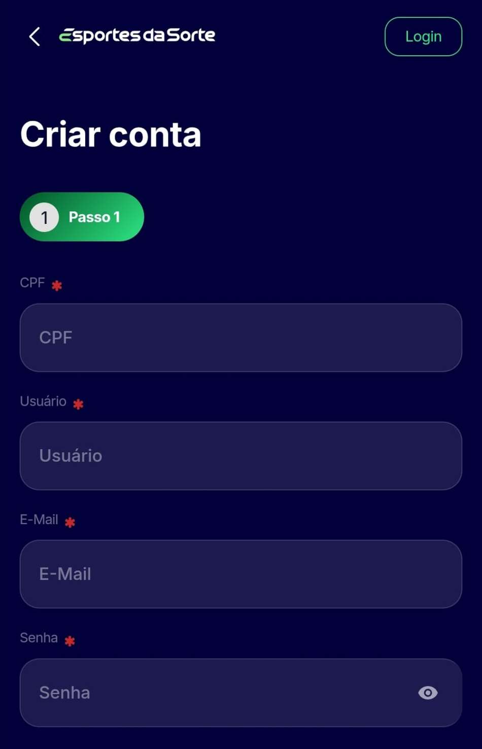 Captura de tela da página de registro do Esportes da Sorte