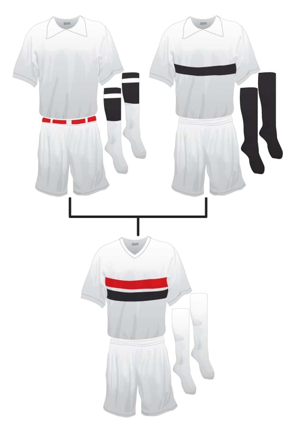 A primeira camisa do São Paulo trazia listras horizontais vermelha e preta no peito, sobre fundo branco, criando a identidade visual do Tricolor.