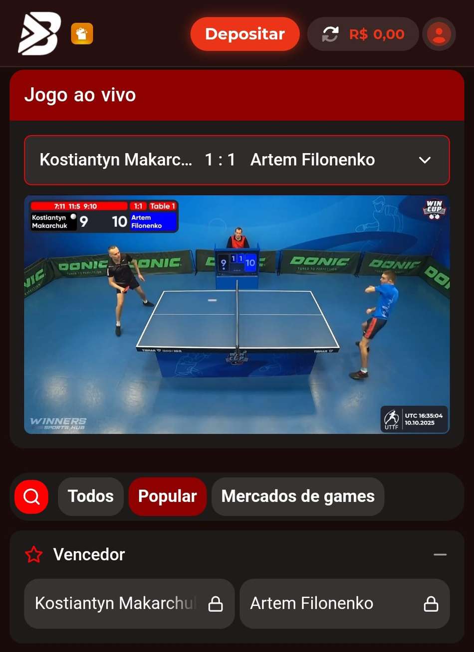 Captura de tela do serviço de streaming em tênis da BateuBet Brasil