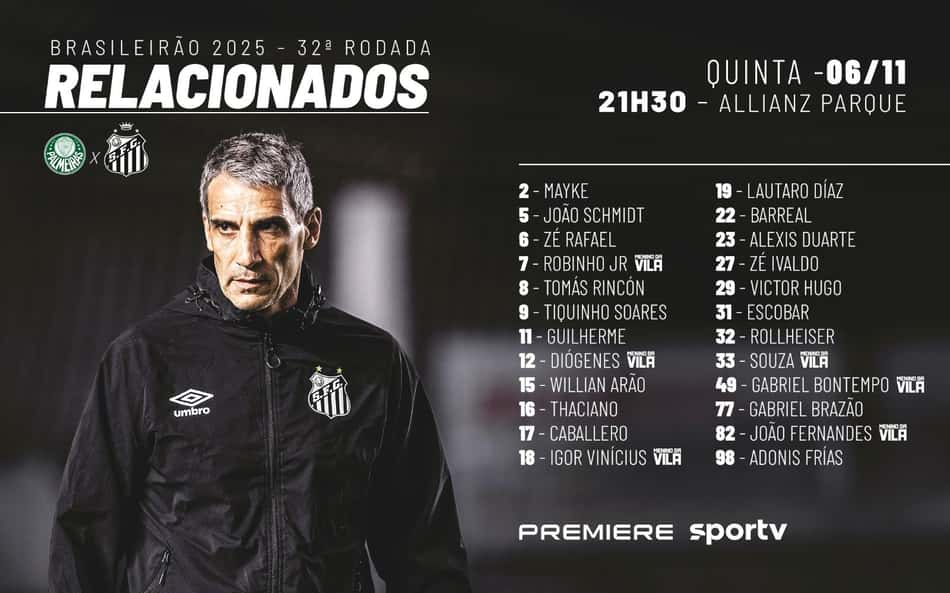 Santos divulga a lista de relacionados para o duelo contra o Palmeiras. (Foto: Divulgação / Santos FC)