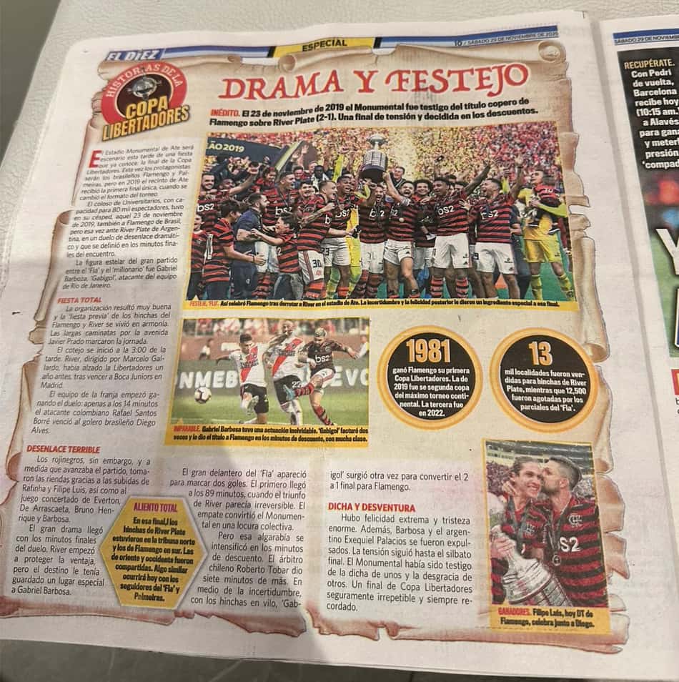 Jornal peruano "El Diez" destaca final da Libertadores entre Palmeiras e Flamengo (Foto: Lucas Bayer/Lance!)