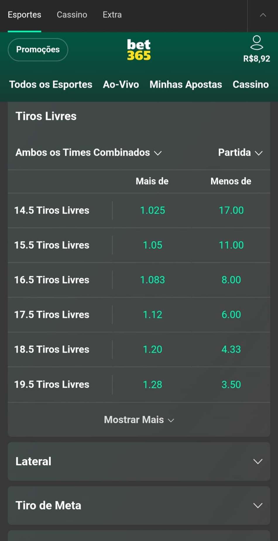 Captura de tela do mercado de tiro livre na Bet365