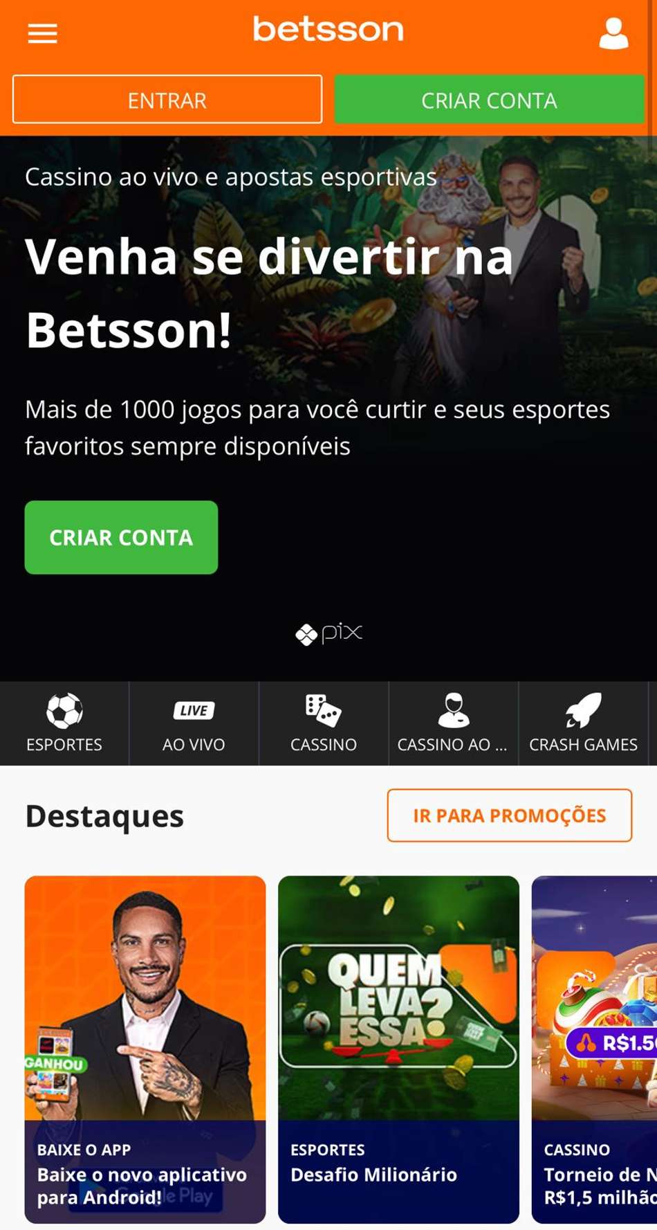 Captura de tela da página inicial da bet autorizada Betsson.