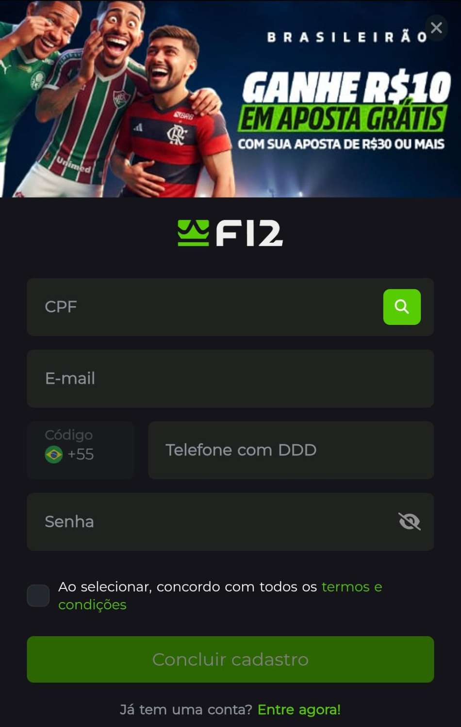 Captura de tela do formulário de cadastro da F12 Bet.