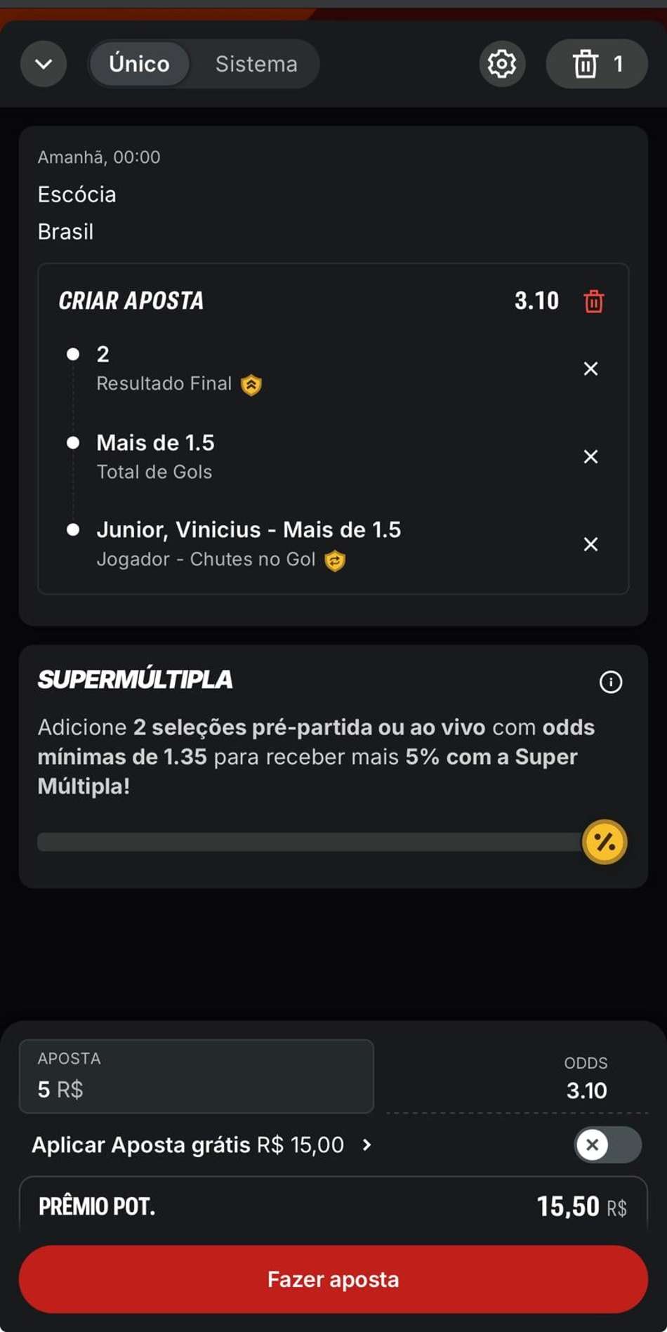Captura da tela de apostas após fazer o cadastro na Superbet.