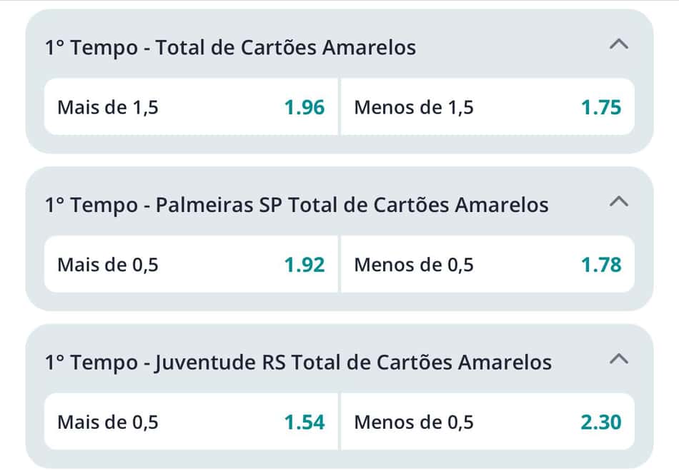 Captura de tela de apostas em cartões amarelos no 1º tempo.