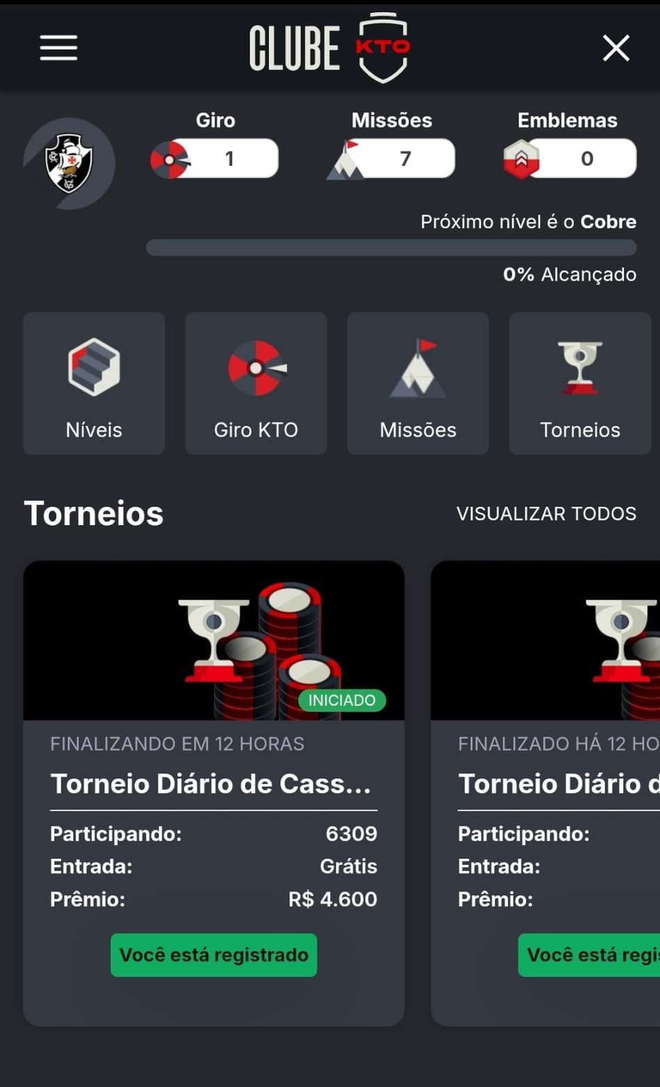 Captura de tela do clube VIP KTO com missões, giro e torneios.