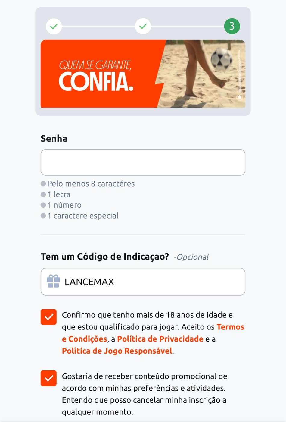 Captura de tela do código de indicação Betano ativado no cadastro.