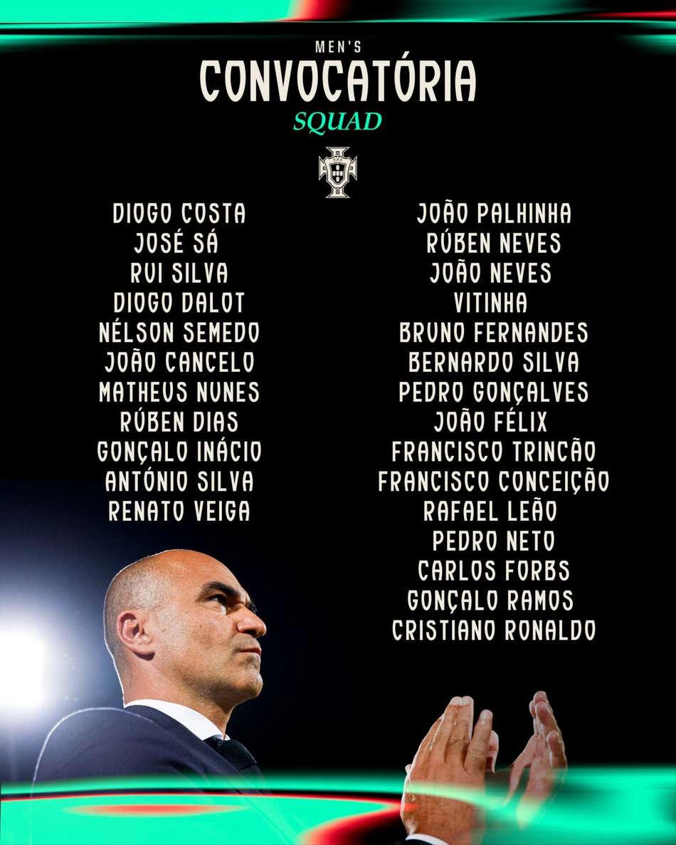Portugal divulgou a convocação para os jogos contra Irlanda e Armênia pelas Eliminatórias para a Copa do Mundo 2026 (Foto: Divulgação/Portugal)