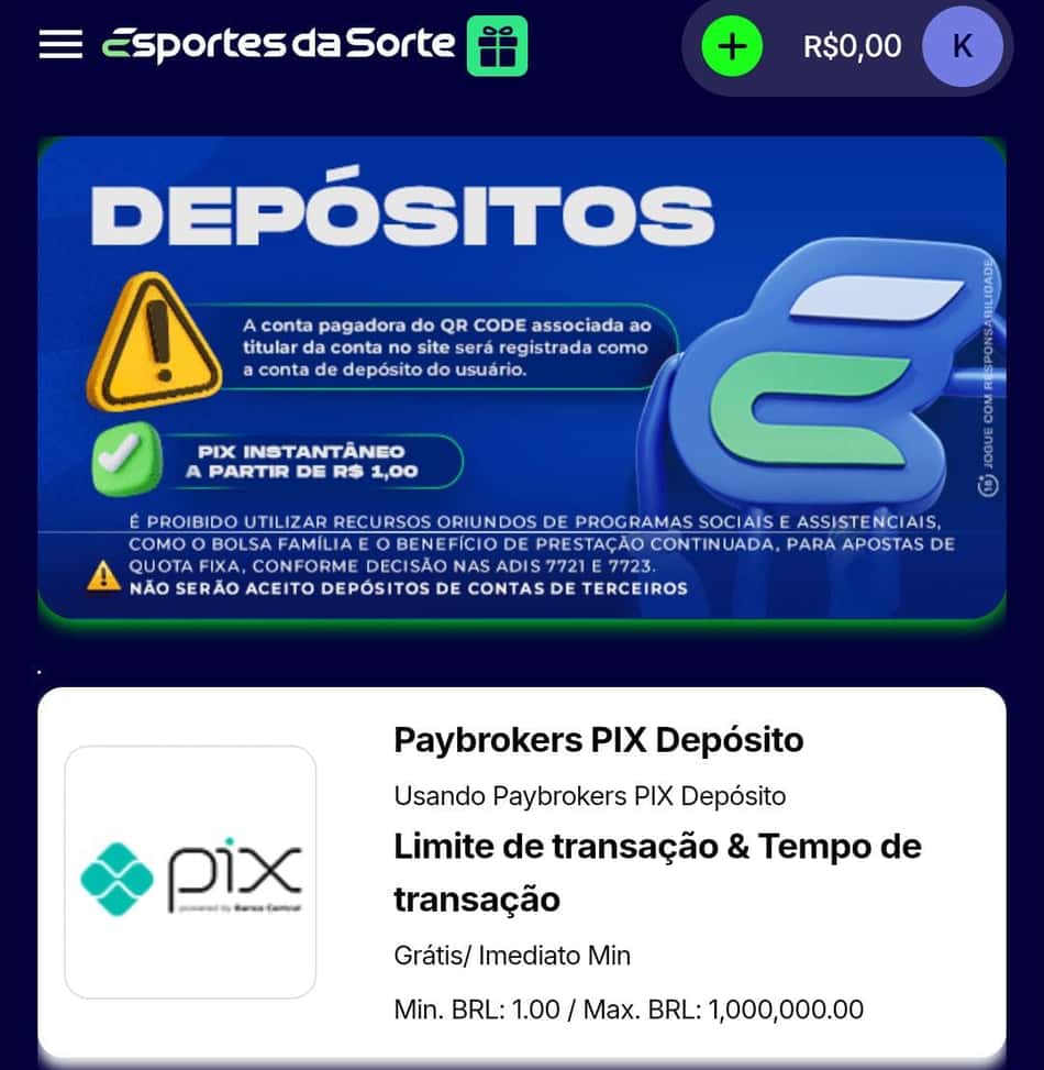 Captura de tela da página de depósito da Esportes da Sorte.