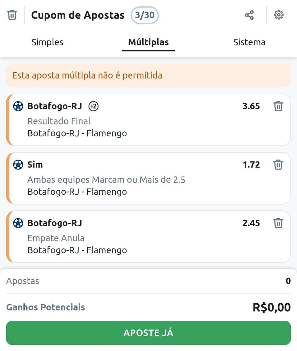 Captura de tela de uma aposta múltipla não permitida