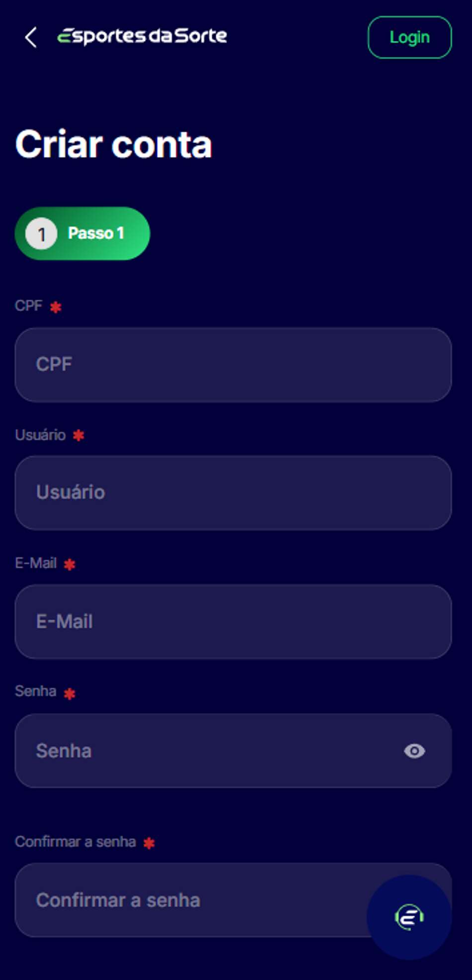 Formulário de cadastro na Esportes da Sorte com campos de informações pessoais