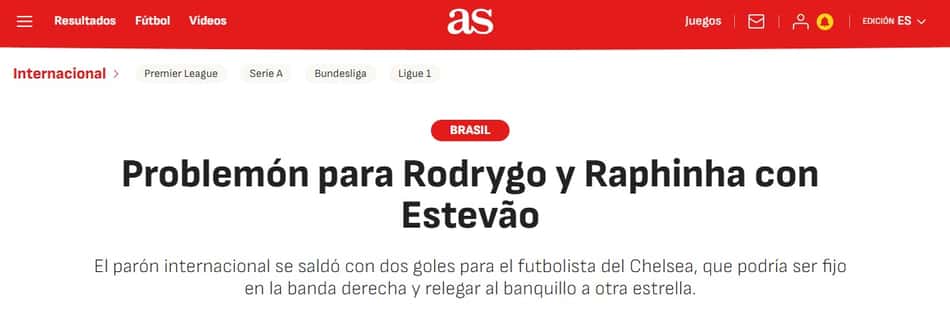 Ascensão de Estêvão é um 'problema' para Raphinha e Rodrygo, segundo jornal espanhol "As" (Foto: Reprodução)