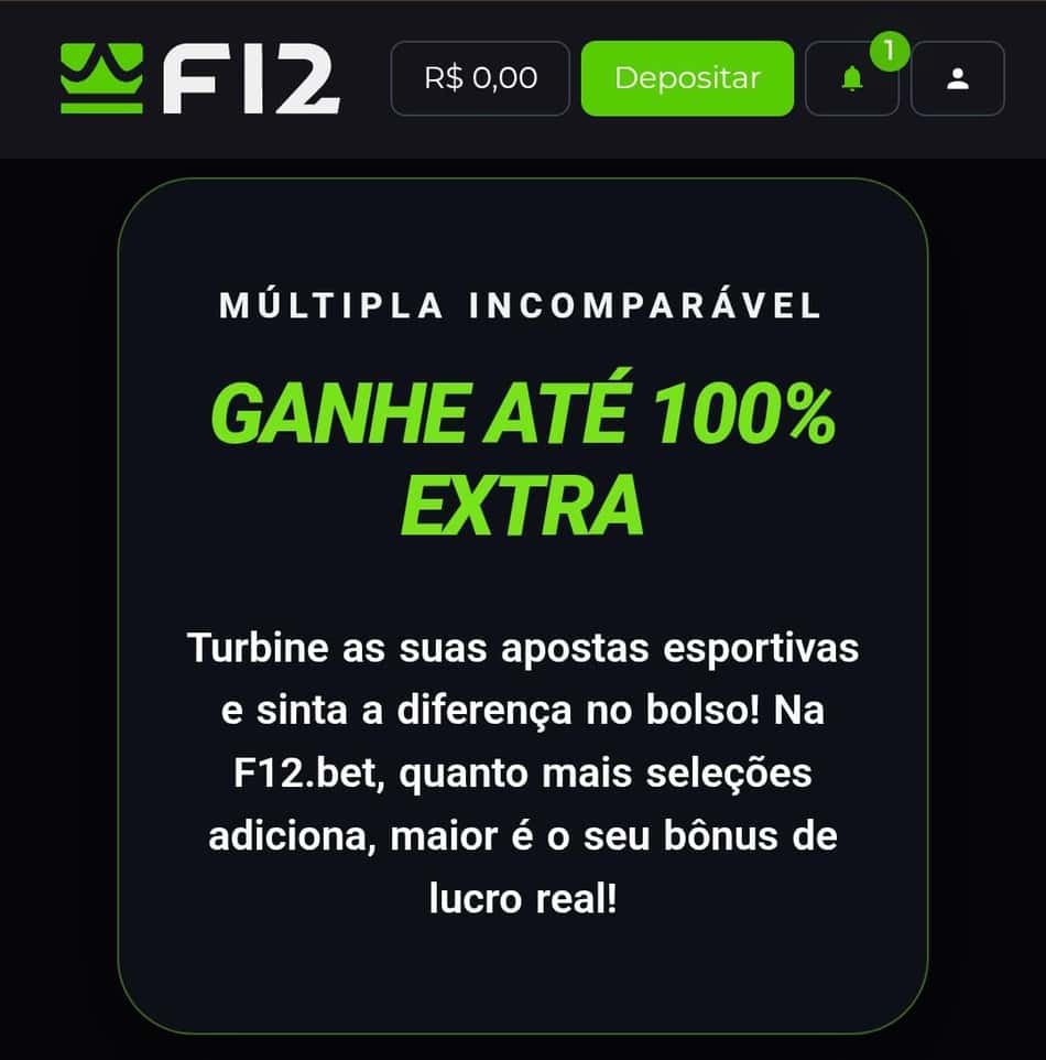 Captura de tela mostra os detalhes do bônus da F12 Bet em apostas múltiplas.