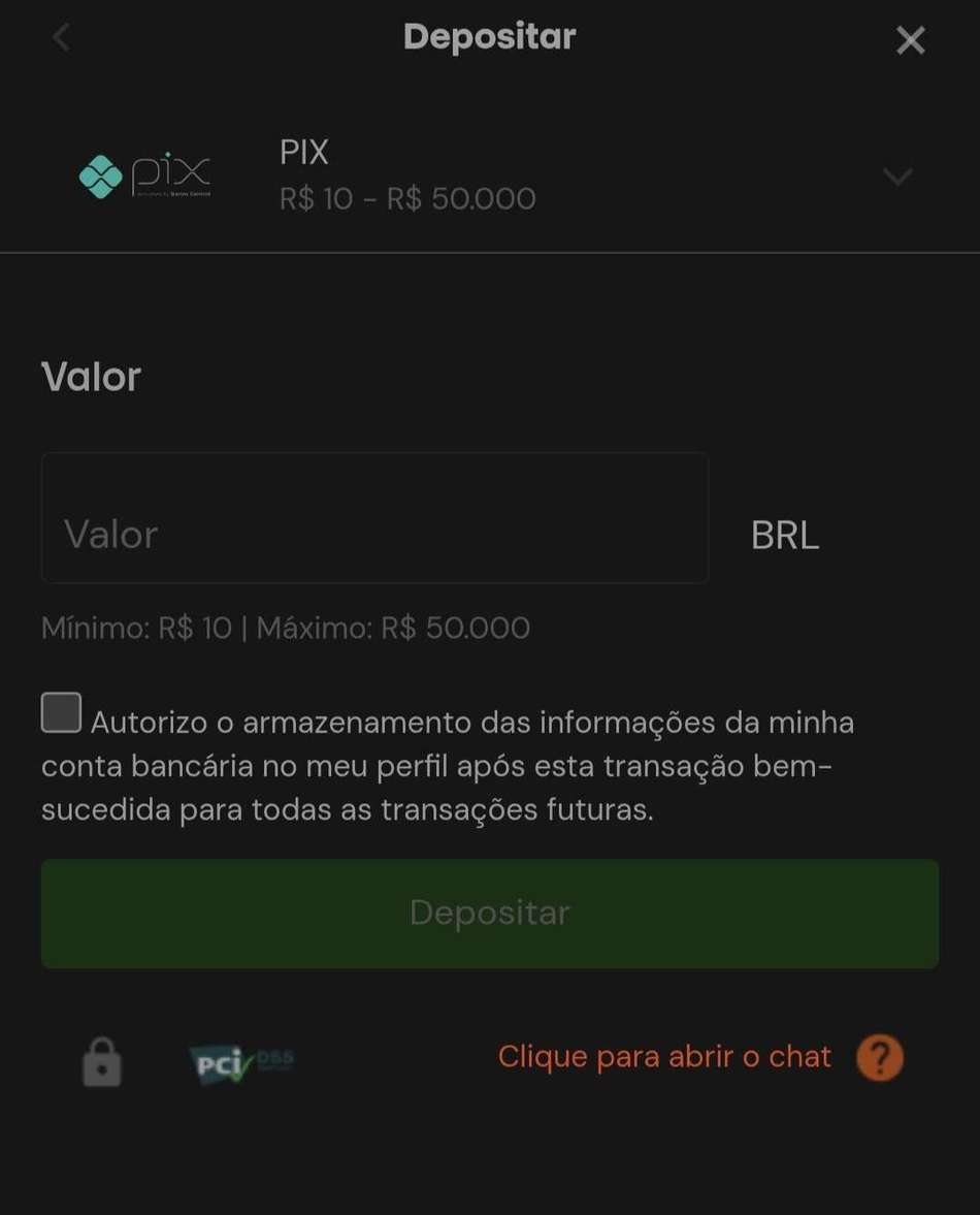 Captura da tela de depósitos via Pix na Betsson.