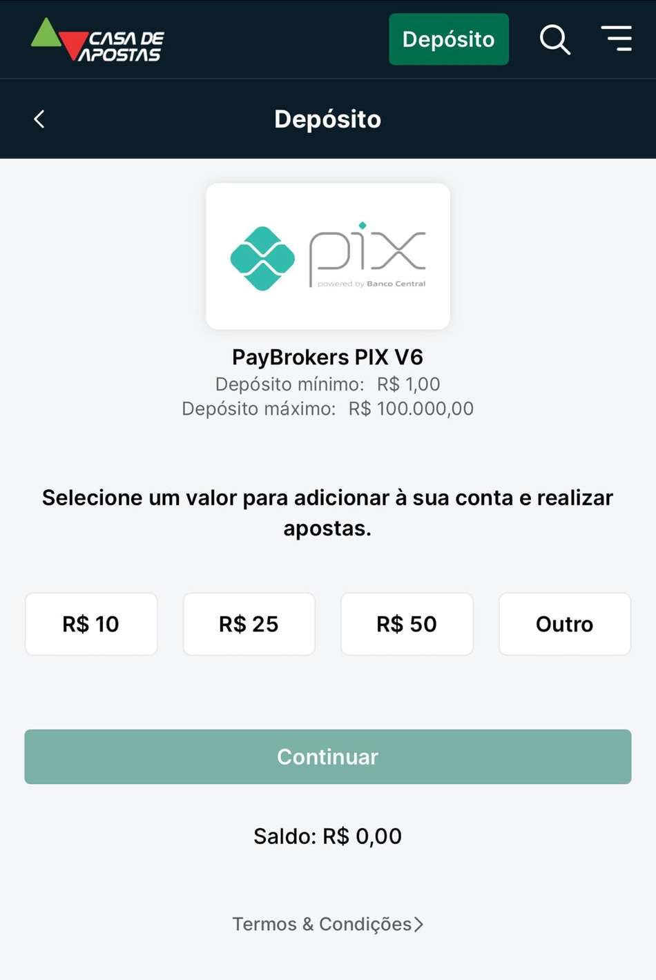 Captura da tela de depósitos via Pix na Casa de Apostas.