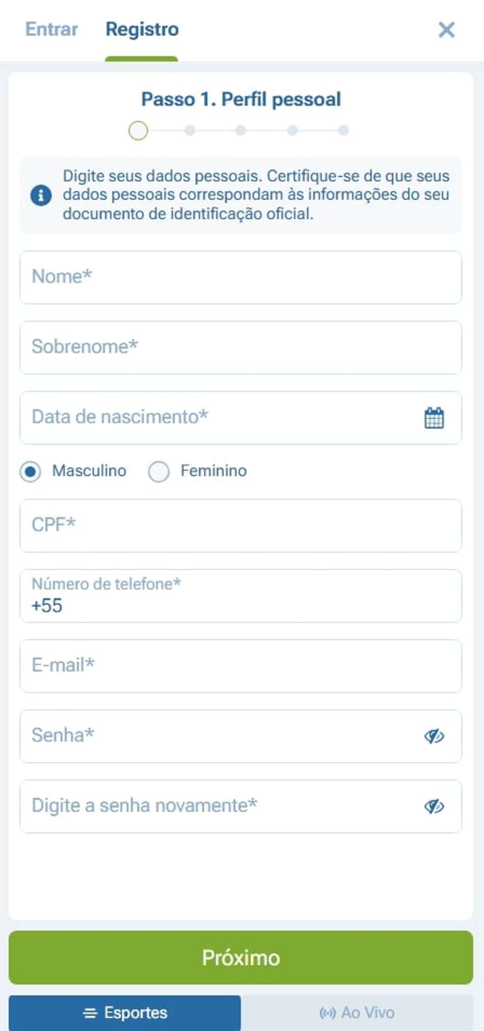 Captura de tela da página de cadastro 1xBet