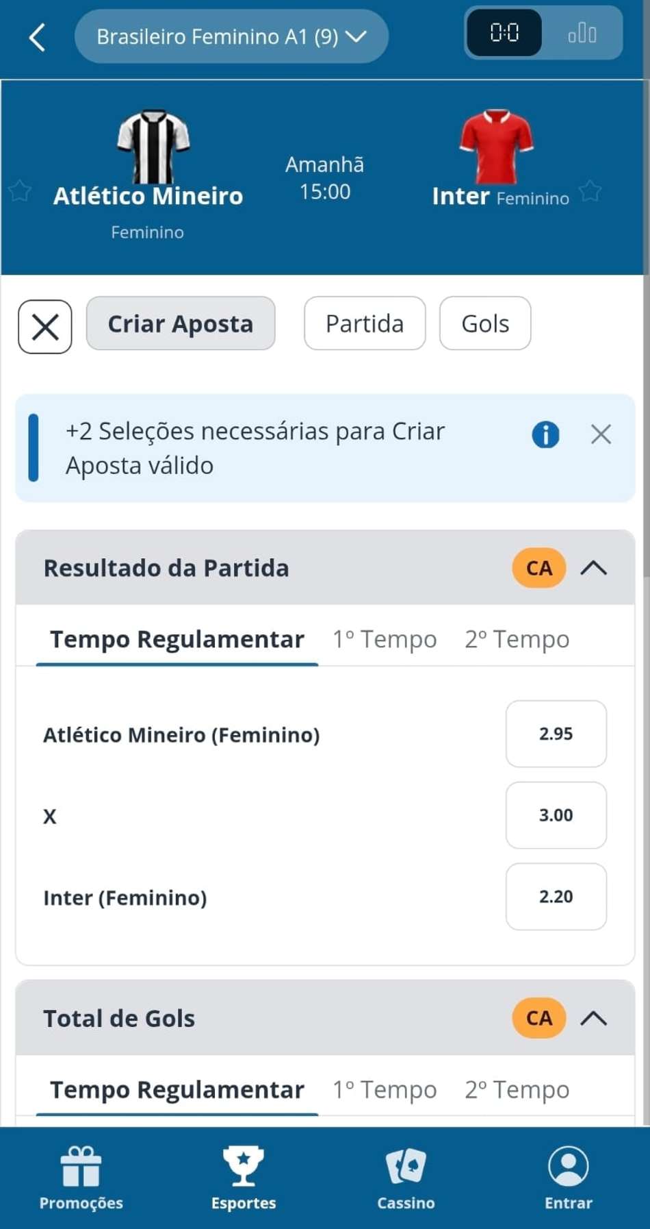 Captura de tela da ferramenta Criar Aposta da Sportingbet com os mercados válidos e dicas para palpites no Brasileirão.