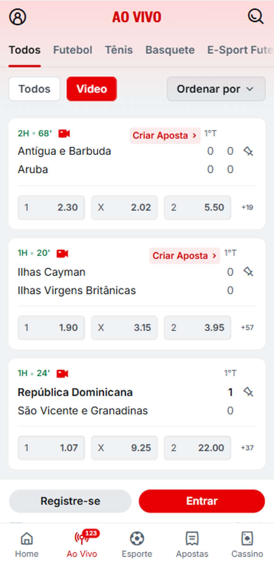 Esportes ao vivo na Superbet com destaque para partidas de futebol