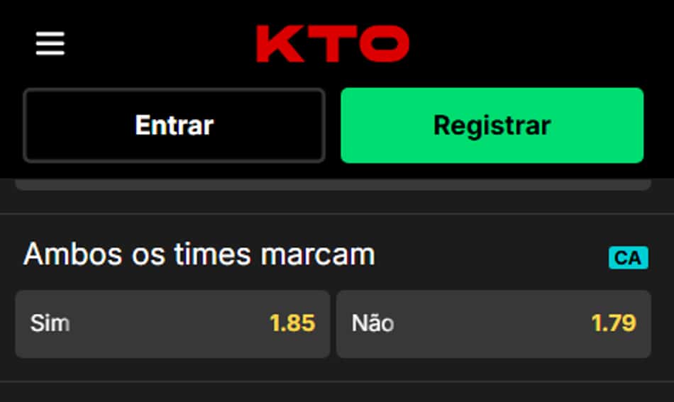 Mercado de Ambos os Times Marcam na KTO com opção de Criar Aposta disponível