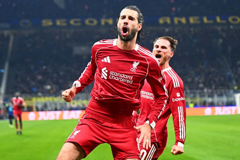 Szoboszlai comemorando o gol marcado pelo Liverpool, na Champions League