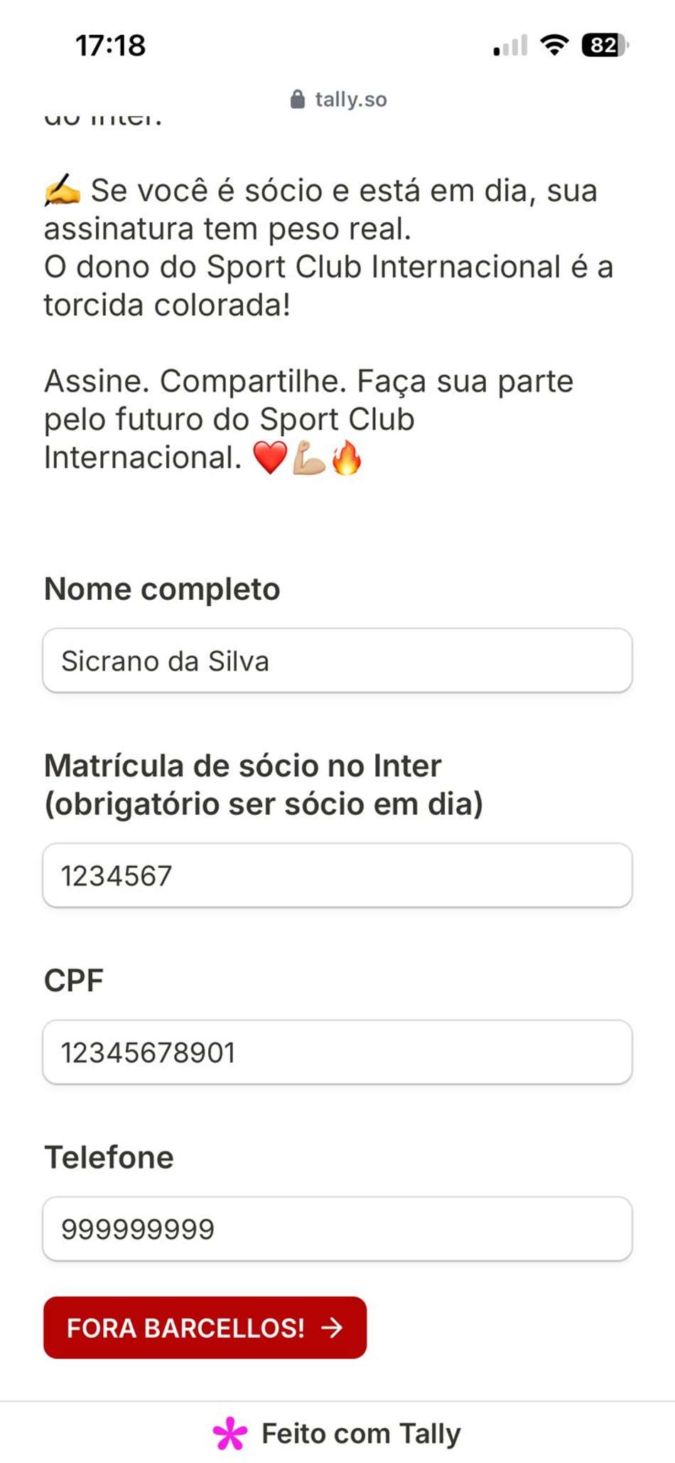 Simulação de cadastro.