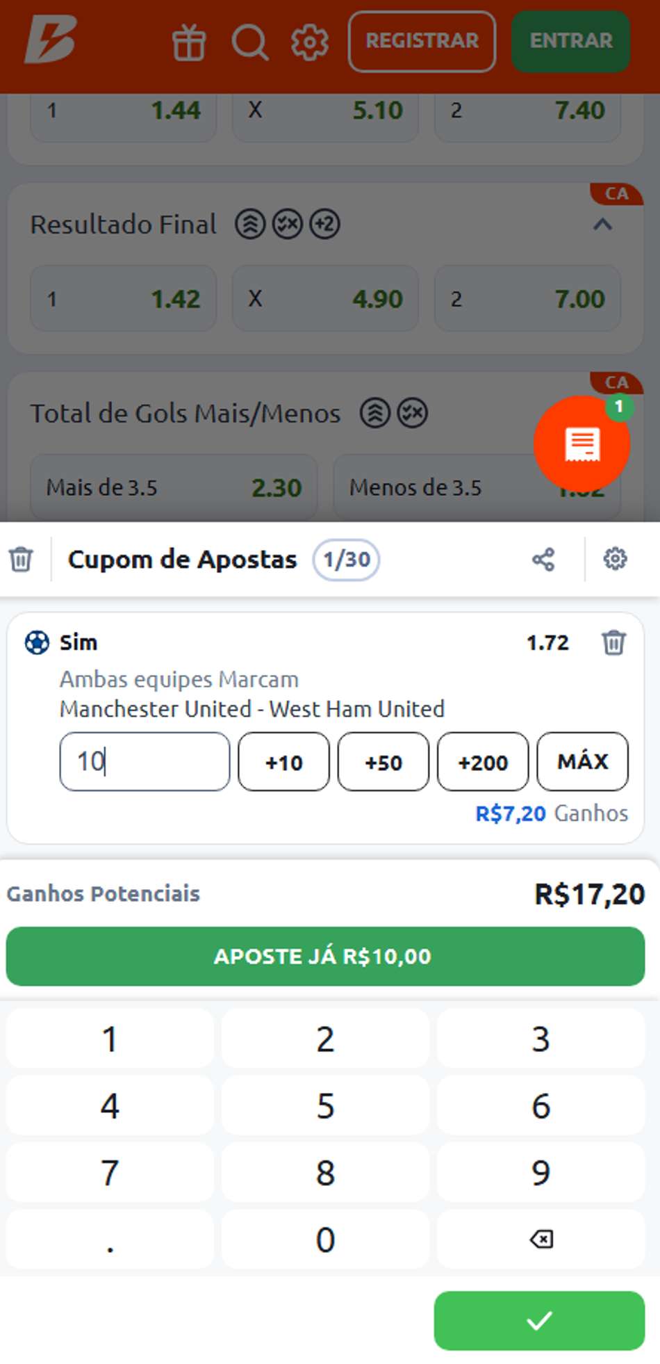 Cupom de apostas na Betano com palpite de R$10 para Sim em Manchester United x West Ham