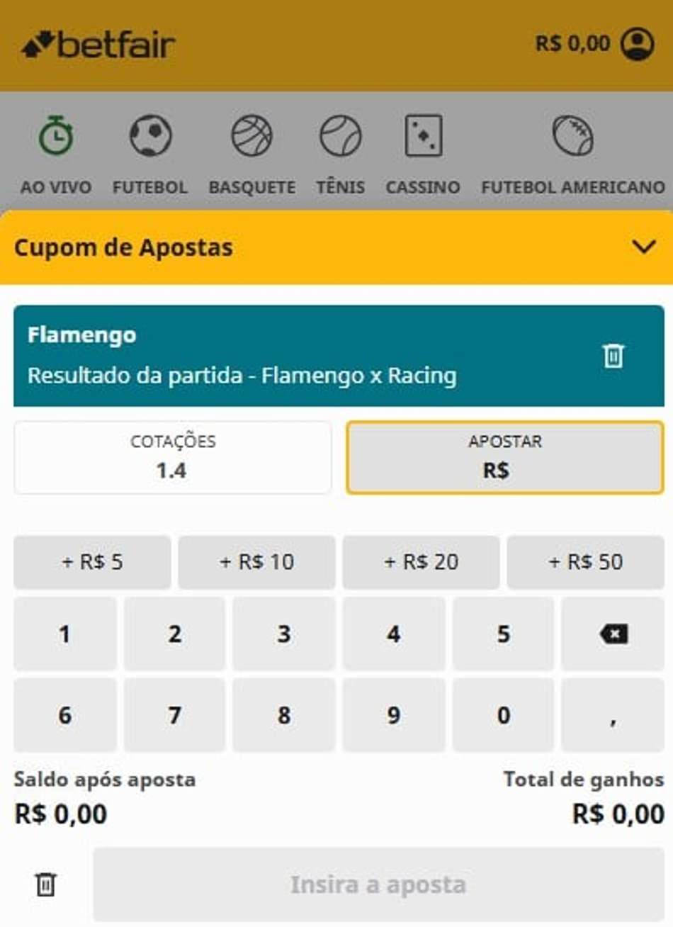 Captura de tela de aposta na Betfair