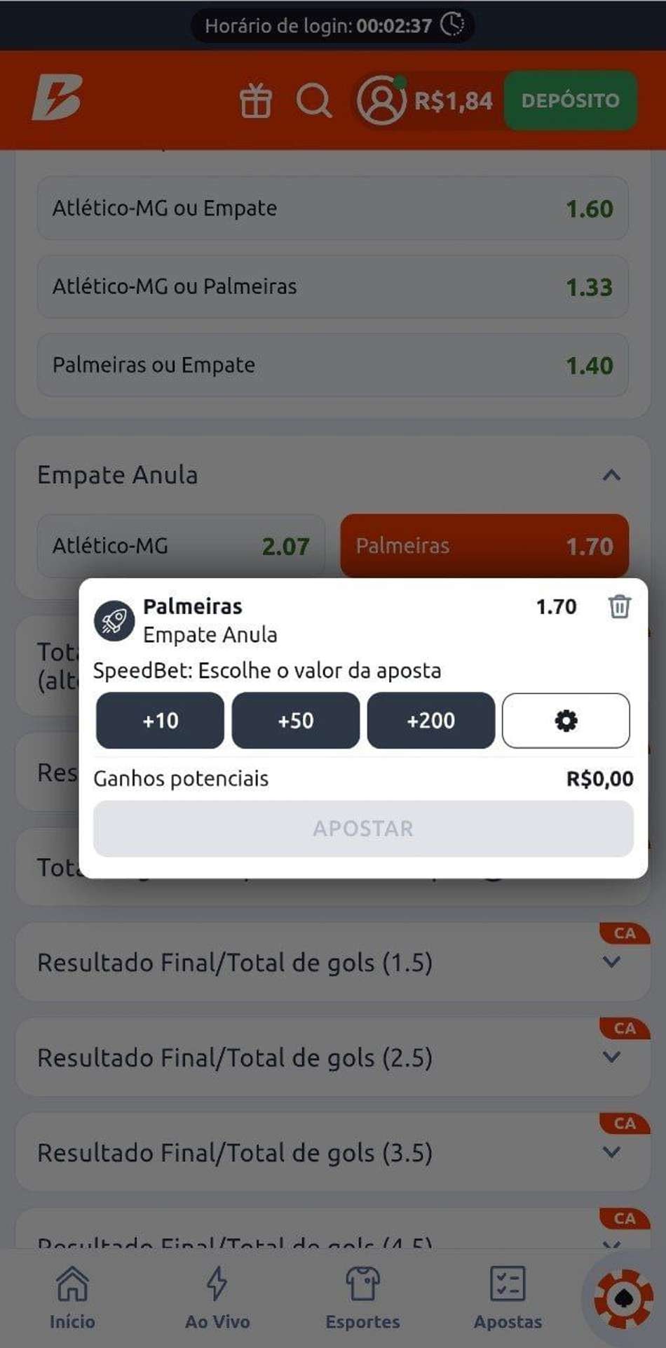Aposta na vitória do Palmeiras no Empate Anula na partida contra Atlético-MG na Betano