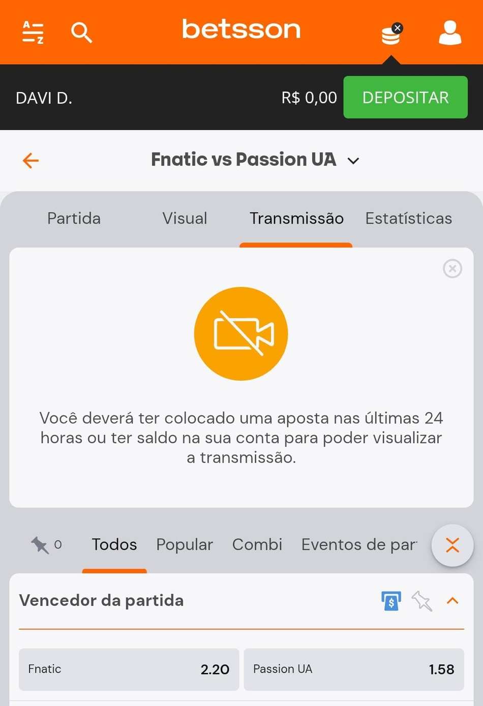 Captura de tela de aposta em eSport na Betsson