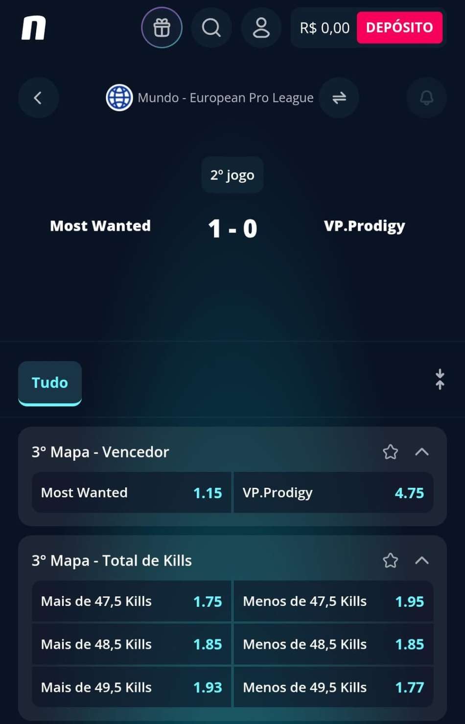 Captura de tela de aposta em eSport na Novibet