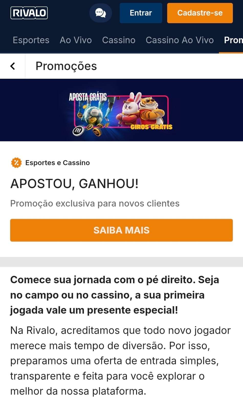 Captura de tela da oferta "Apostou, Ganhou" da Rivalo exibindo o botão para saber mais e informações sobre o funcionamento.