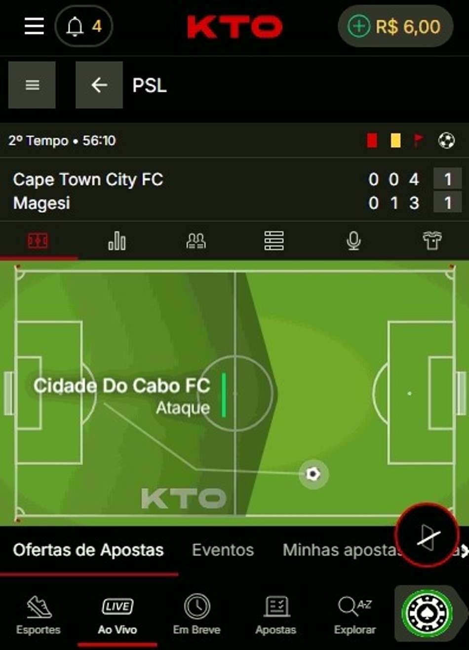 Captura da tela de apostas ao vivo no ap da KTO.