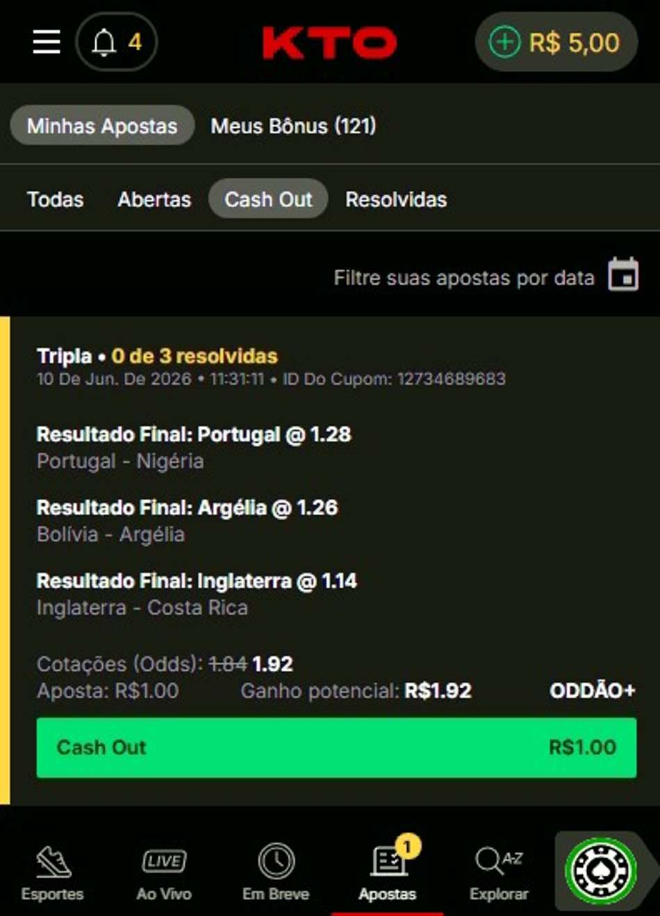 Captura da tela de apostas elegíveis para Cash Out no app da KTO.