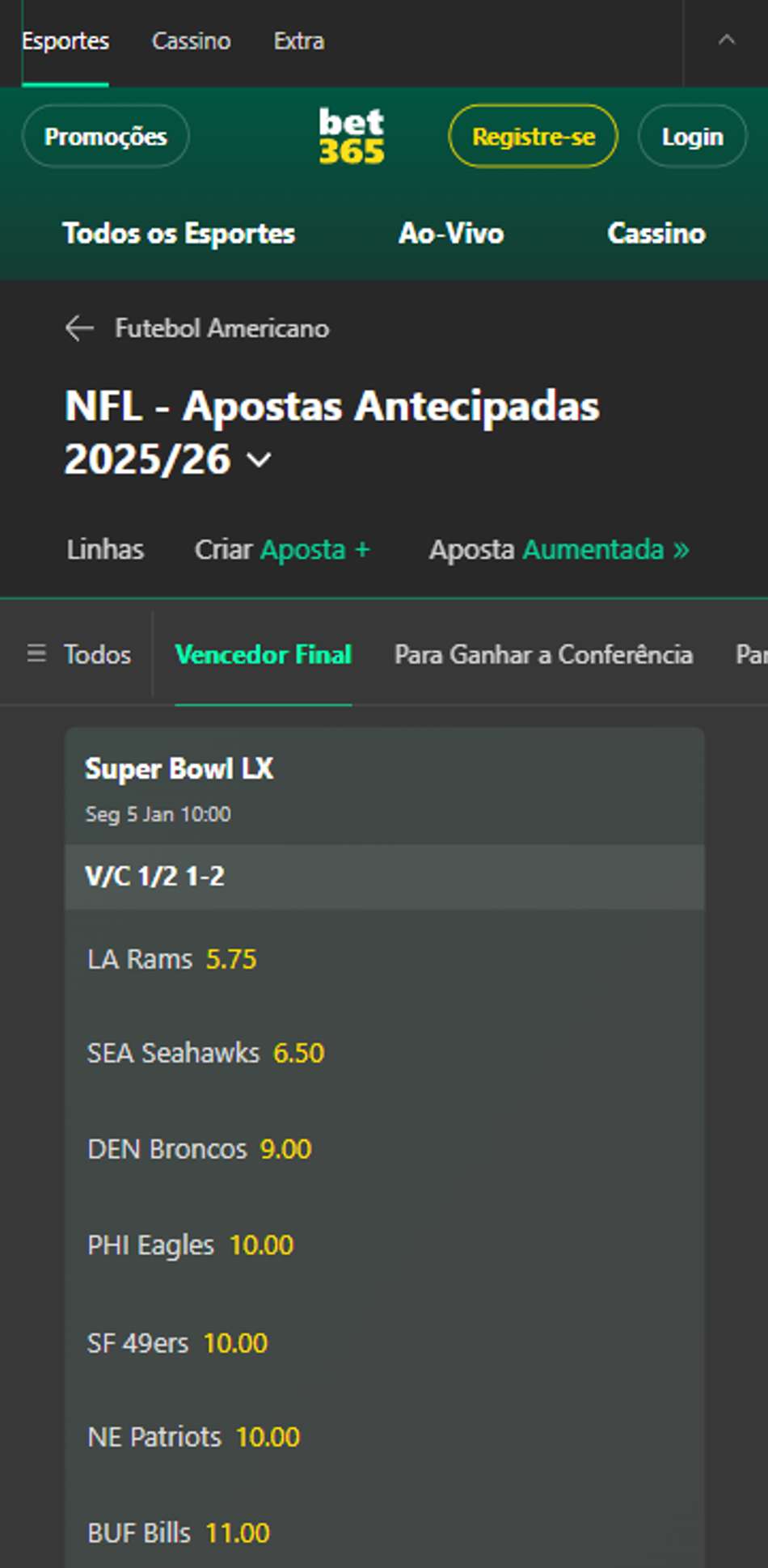 Mercado vencedor do Super Bowl na bet365