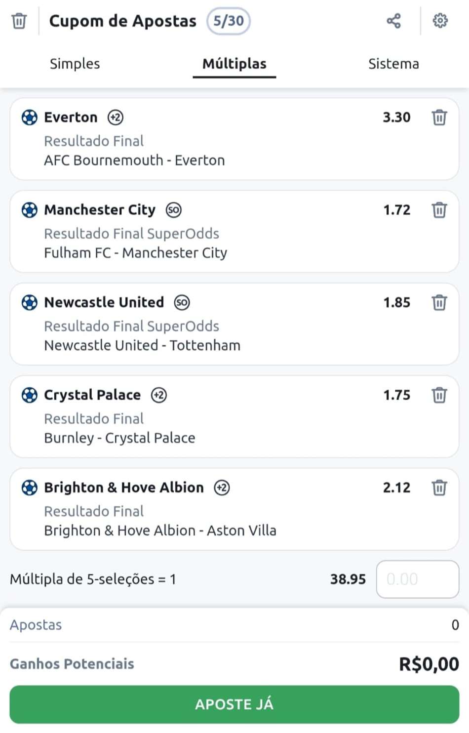 Captura de tela do bilhete de apostas na Betano com eventos da Premier League.