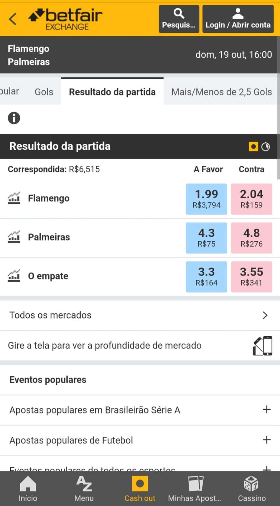 Captura de tela da página do Brasileirão na Betfair Exchange