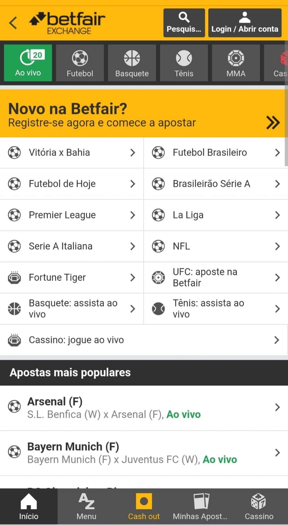 Captura de tela da página inicial da Betfair Exchange
