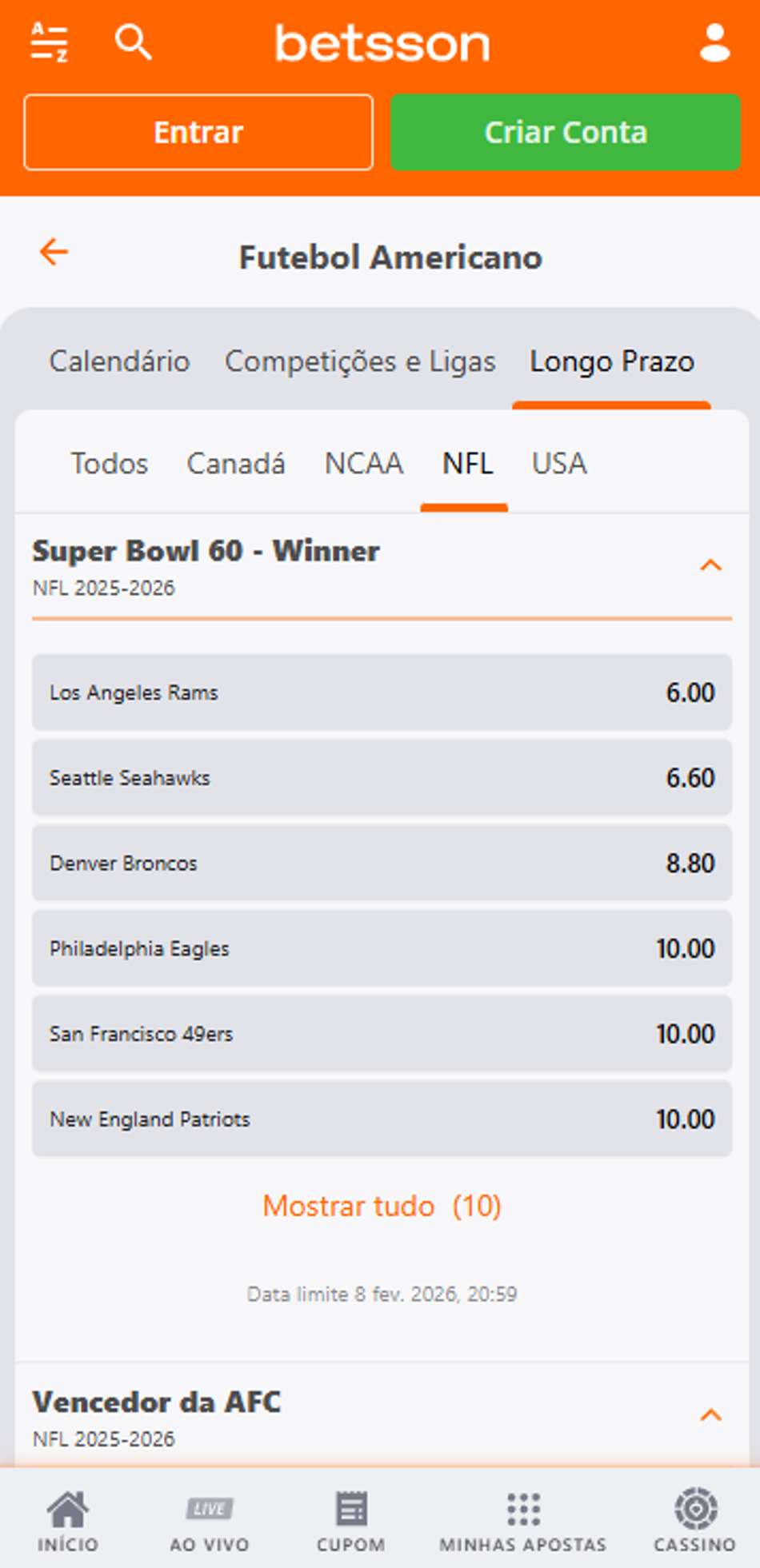 Mercado Super Bowl LX na Betsson