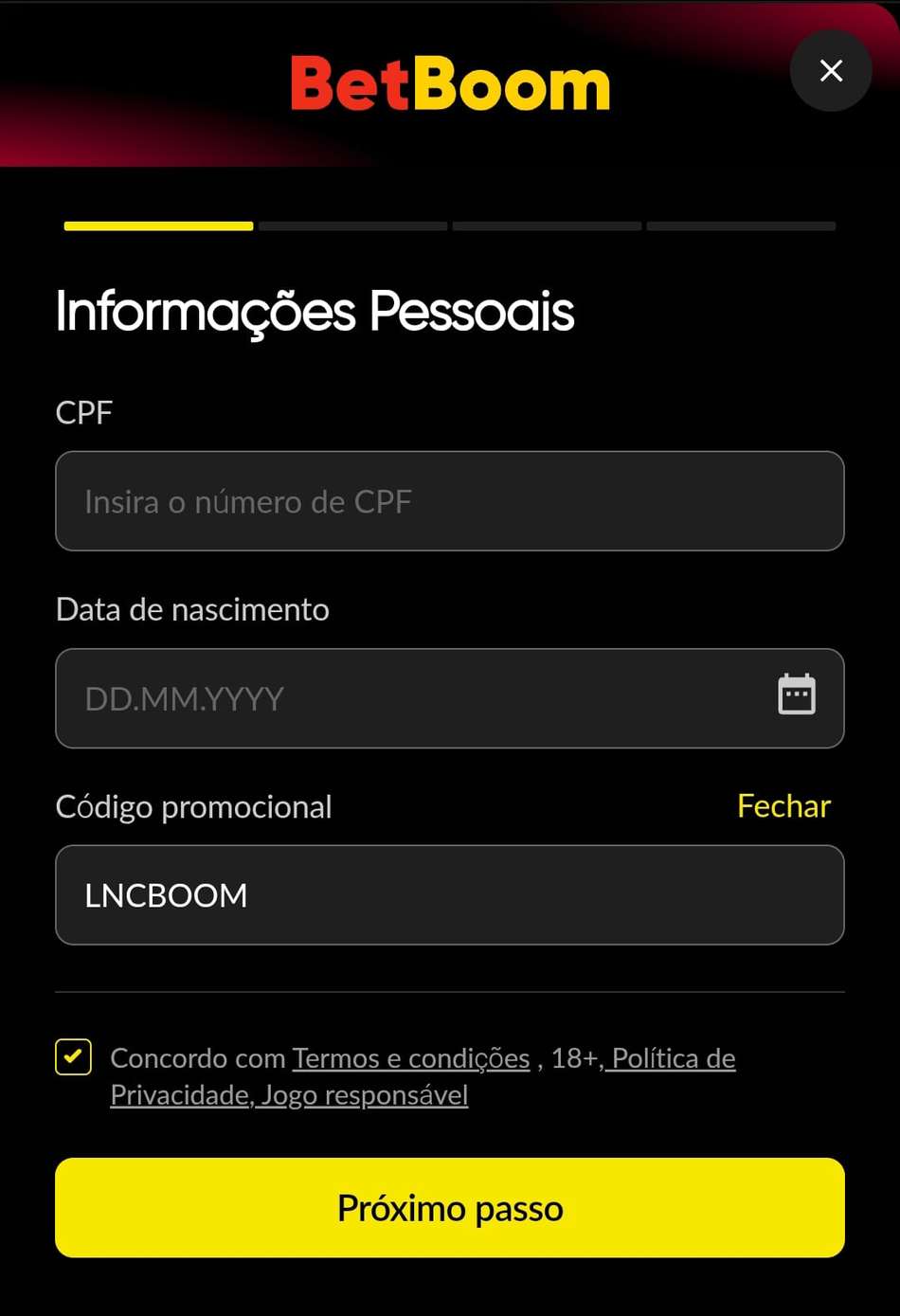 Captura de tela do formulário de cadastro na Betboom.