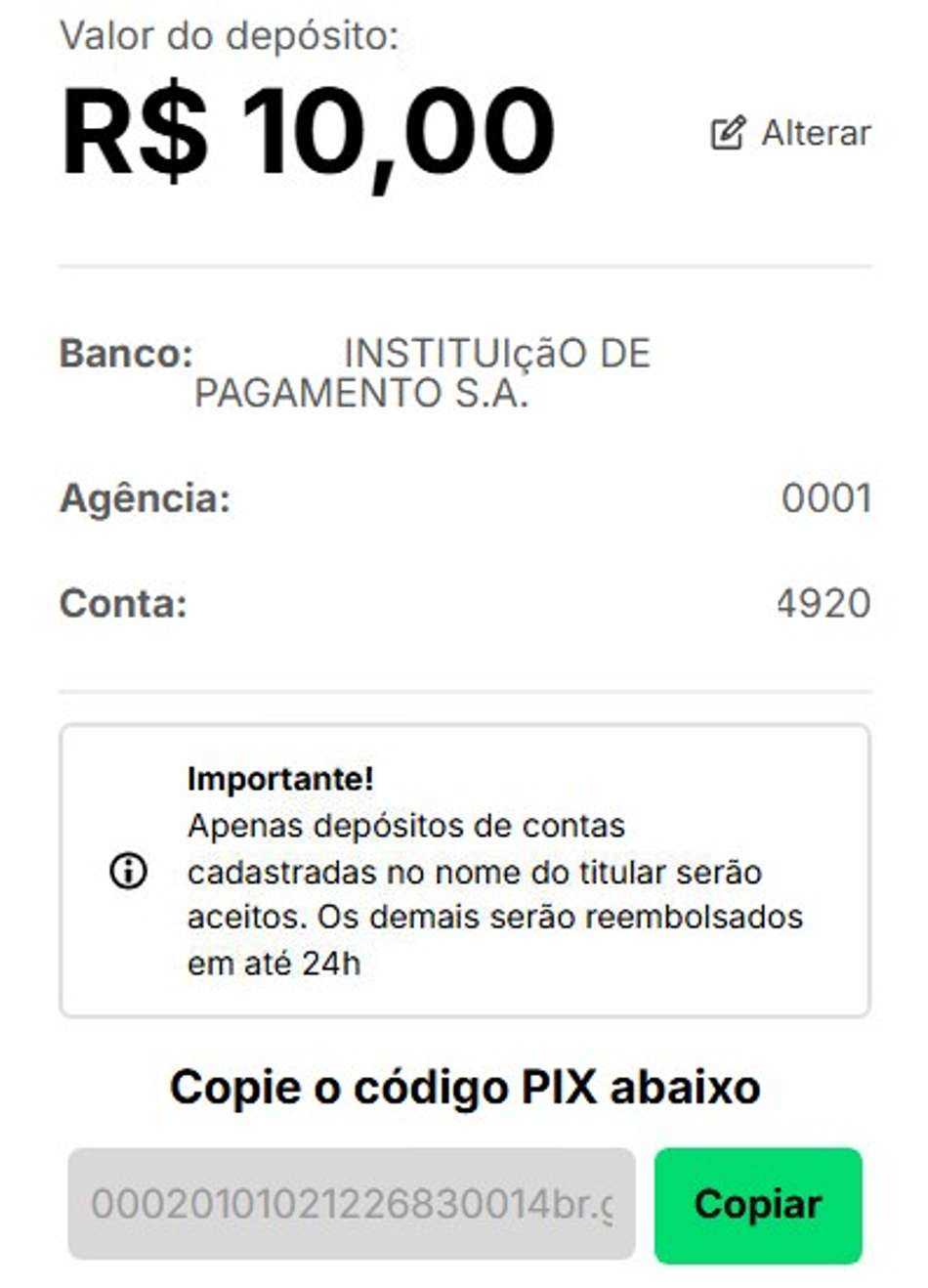 Captura de tela de depósito com Pix na KTO.