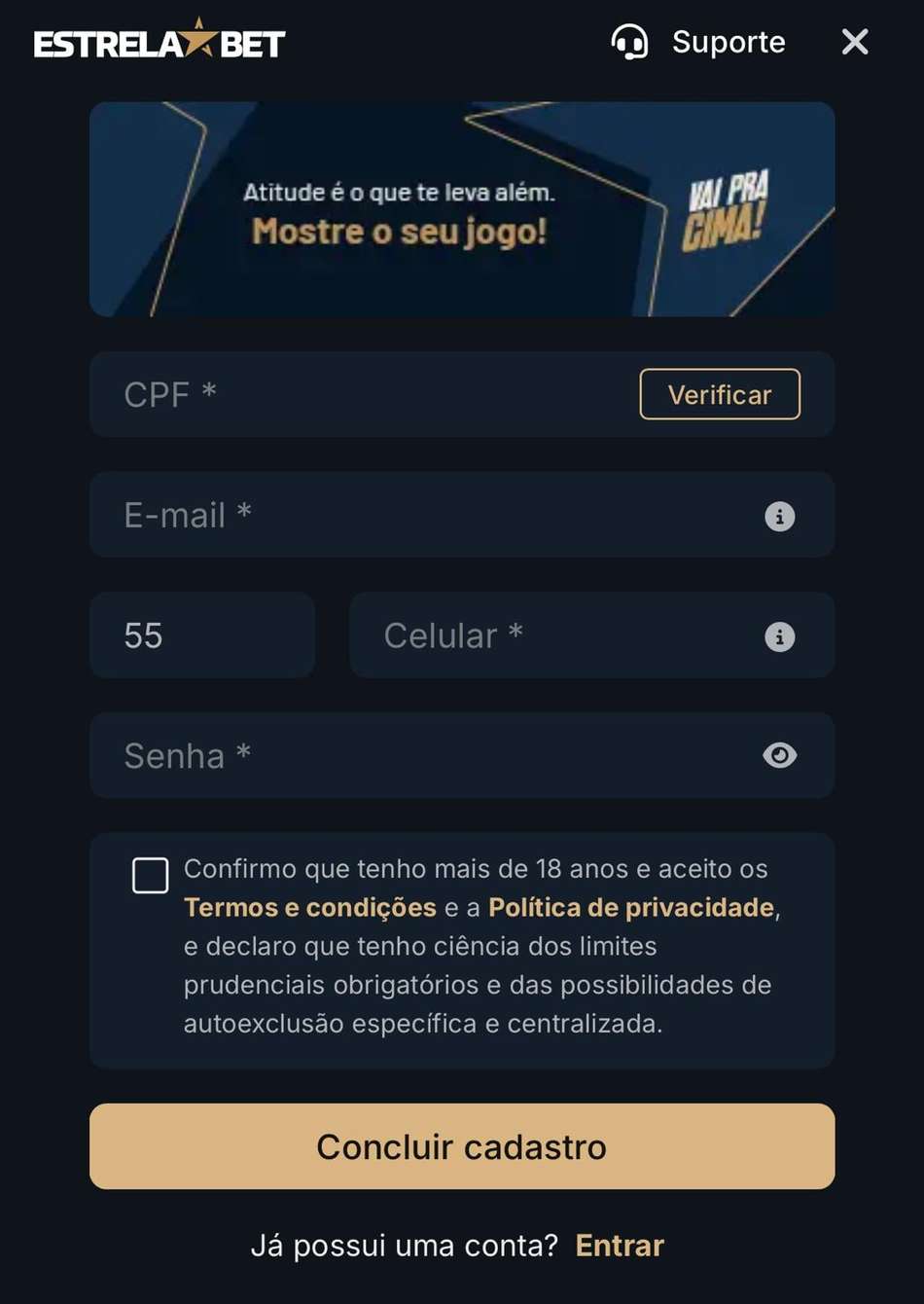 Captura da tela de cadastro na Estrela bet.