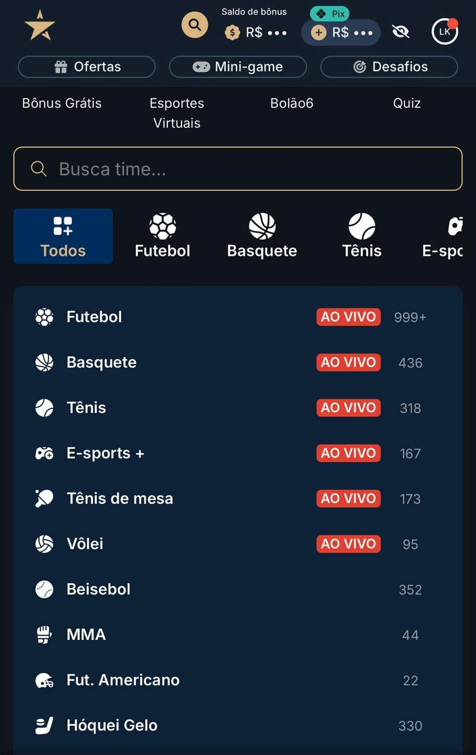 Captura de tela do catálogo de esportes disponíveis na Estrela bet.