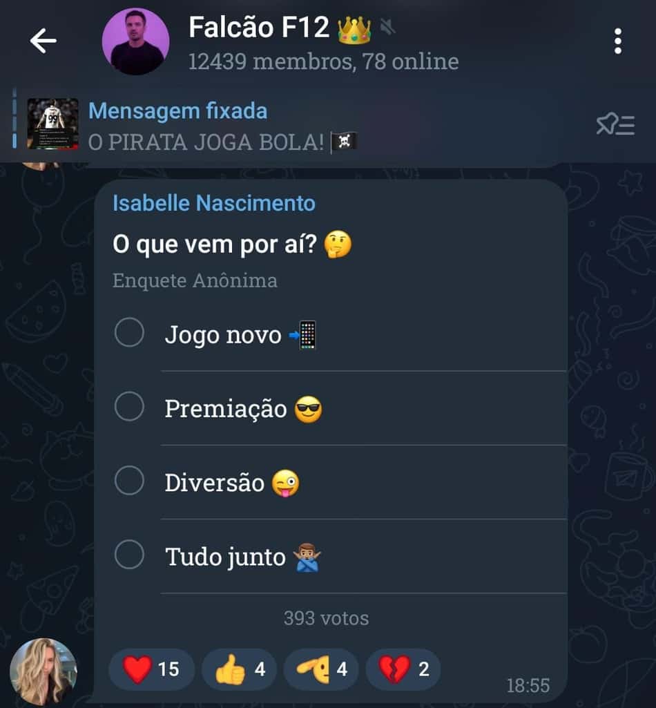 Captura de tela do grupo de apostas esportivas da F12.Bet.