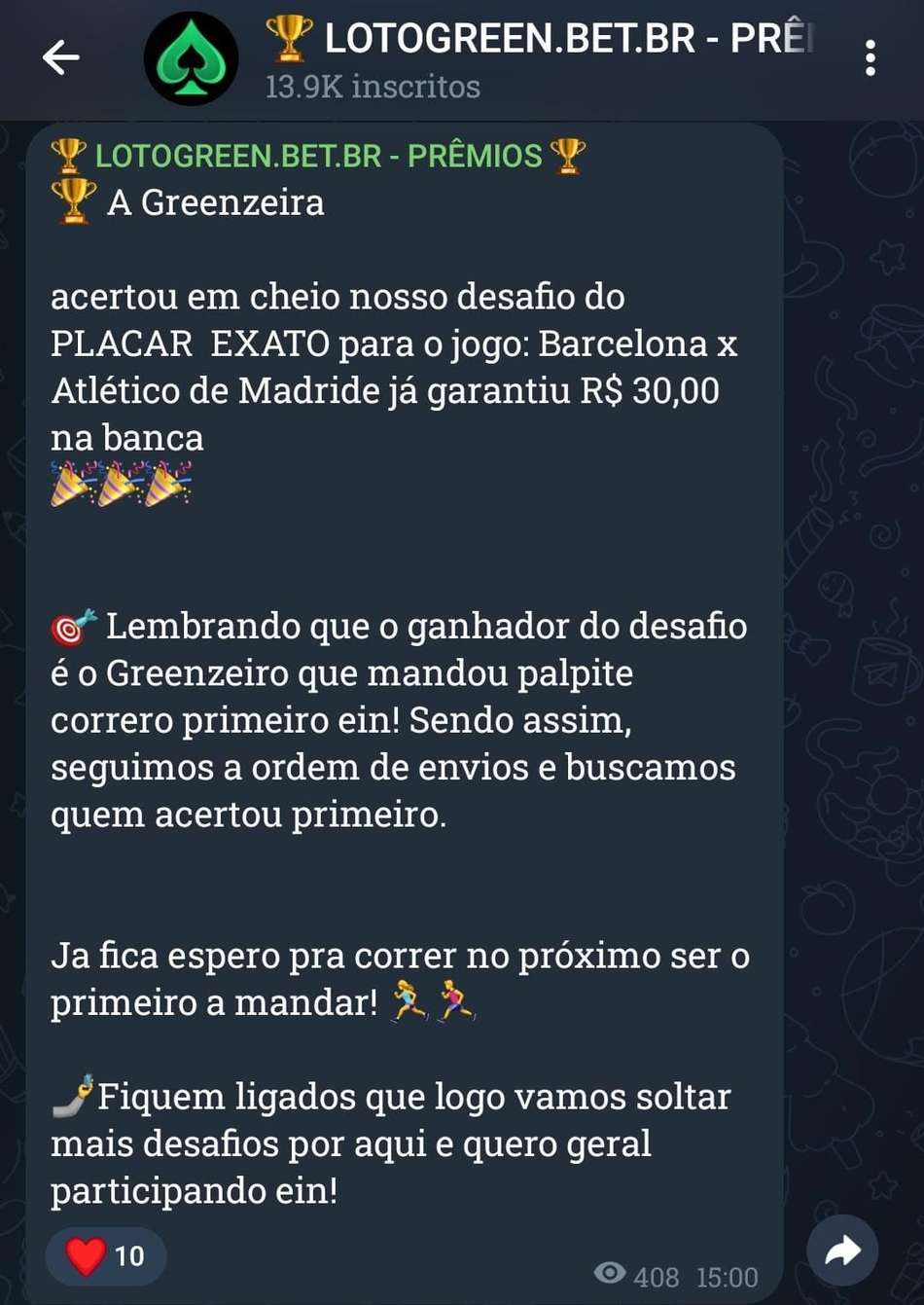Captura de tela do grupo de apostas esportivas da Lotogreen.