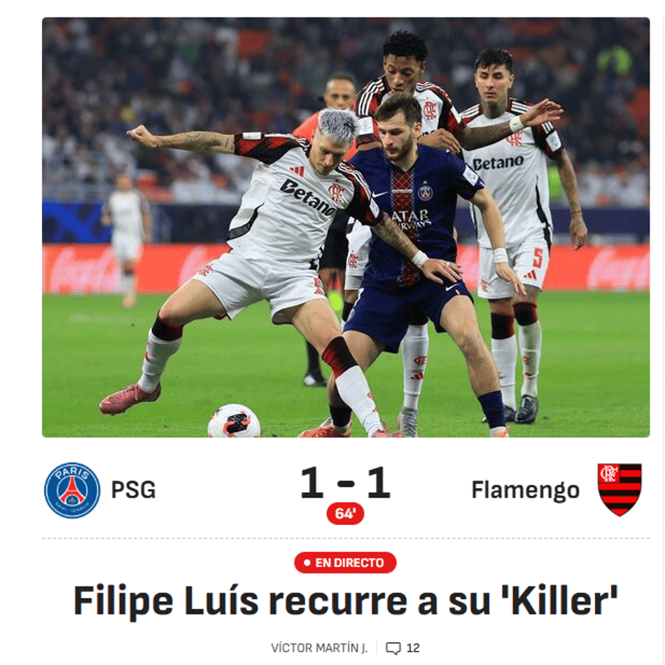 Manchete do Tempo Real do duelo entre PSG e Flamengo (Foto: Reprodução/AS)