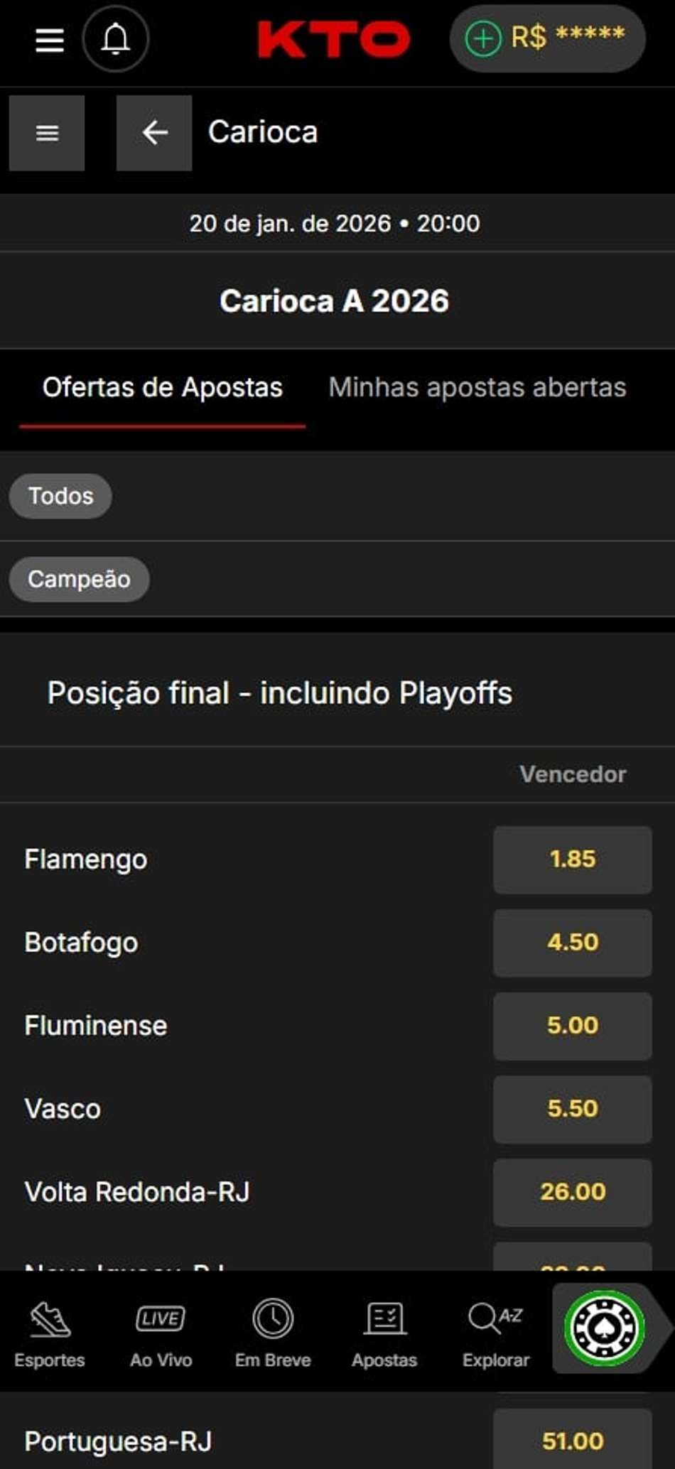 Apostas no Campeonato Carioca 2026 na KTO com mercados a longo prazo