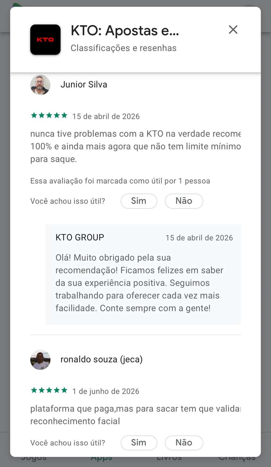 Captura da tela de avaliações do app da KTO na Play Store.
