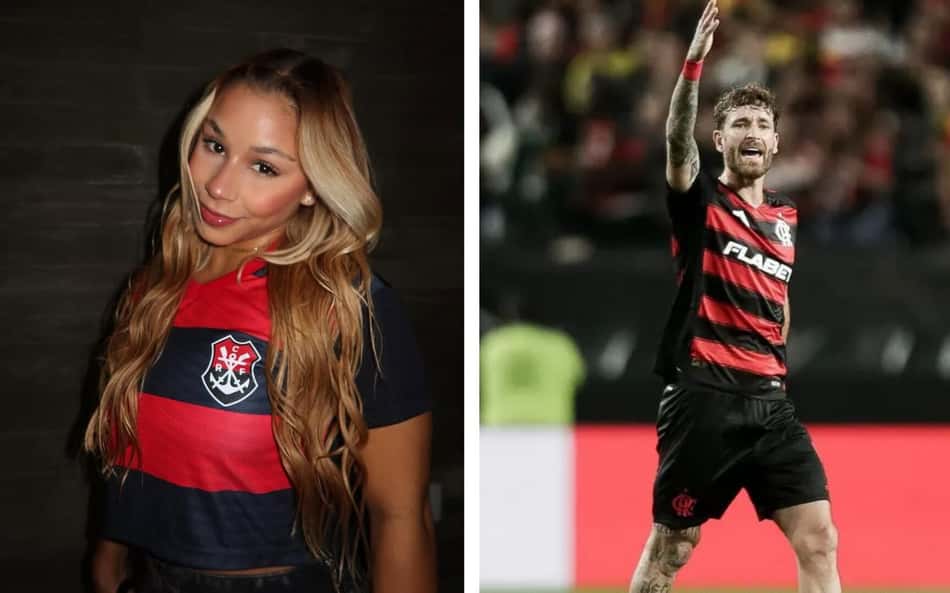 Flávia Saraiva e Léo Pereira (Foto: Gilvan de Souza/Flamengo / Reprodução/Instagram)